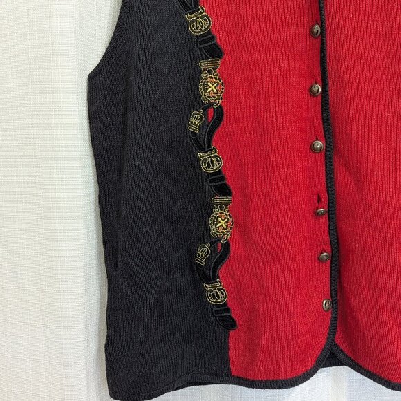 Vintage Maggie Barnes Knit Sweater Vest 2x Black & Red Button Down V-neck - Picture 3 of 9